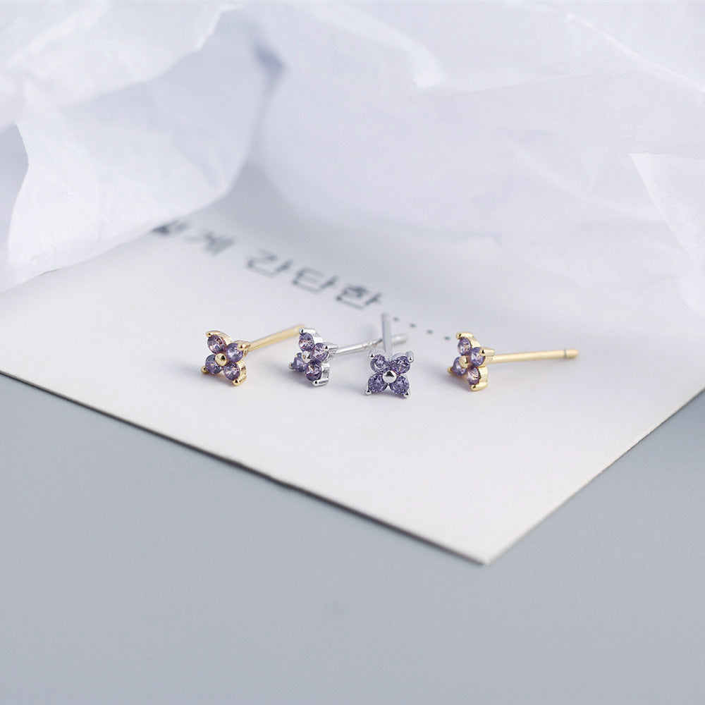 Wholesale Simple Diamond S925 Silver Four-leaf Flower Sweet Small Colorful Flower Earrings